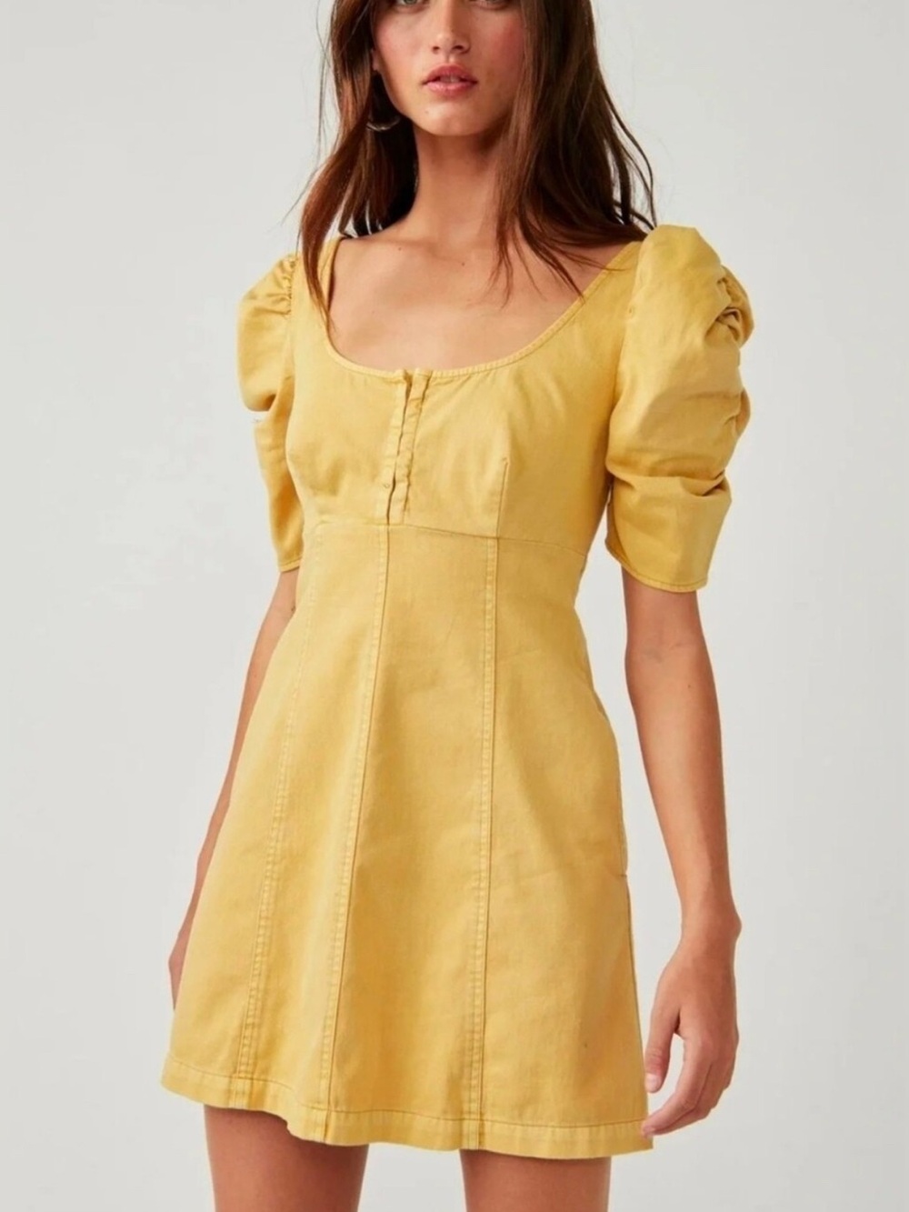 Free People Mustard Yellow Puff Sleeve Rafaella Mini Dress with Pockets Smocked